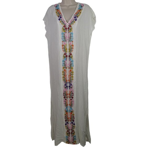 White Embroidered Maxi Dress Cover-up Women Size S V-Neck Sleeveless Crinkle - Picture 1 of 7